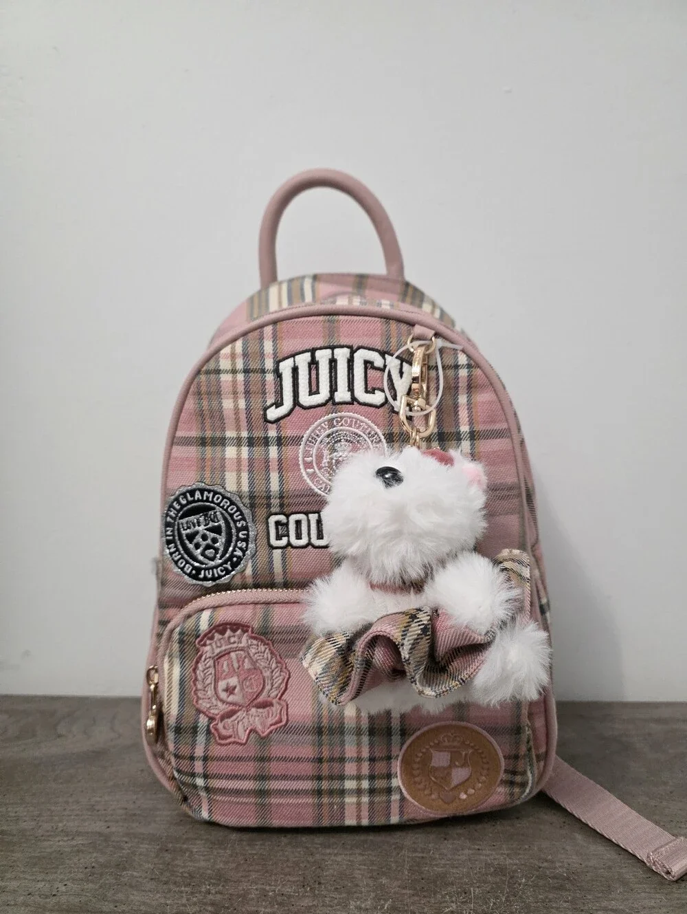 Juicy Couture Pink Plaid Backpack with Bear Charm New Viral TikTok